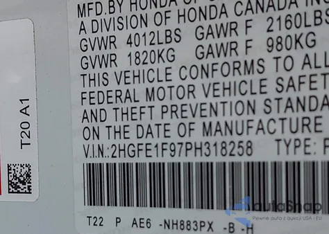 2023 Honda Civic Touring из США, поврежденный, VIN 2HGFE1F97PH318258